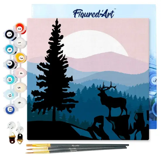 Figured'Art Mini Paint by Numbers Kit for Adults with Frame A Moose on the Cliff Small format 8"x8" - Craft Art Painting DIY Canvas Already Stretched on a Wooden Frame {1}