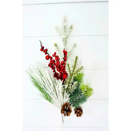21" Snow Flocked Pine & Pinecone Pick with Red Berries - Festive Christmas D&eacute;cor-XX1829 {2}