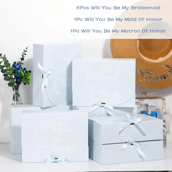 8 Pack Bridesmaid Proposal Gifts Boxes Set, Will You Be My Maid/Matron of Honor Box with Ribbon for Wedding Bridal Party Supplies(Blue Series Style) {4}