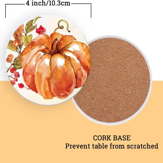4 Pack - Fall Pumpkin Coaster Autumn Round Drink Coasters {3}