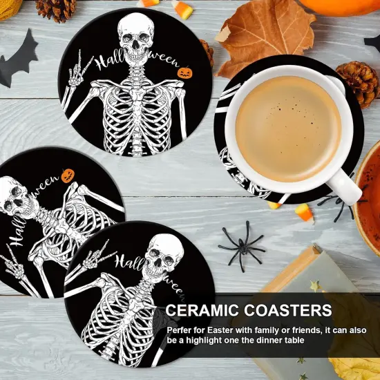 6Pcs Halloween Skeleton Coasters Spooky Skeleton Ceramic Coasters {4}