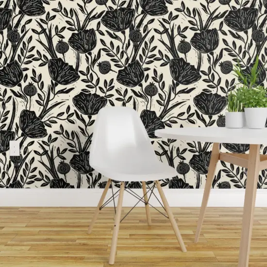 Peel & Stick Wallpaper 2FT Wide Black Floral Retro Poppy Botanical Linocut Cottagecore Stamped Texture Custom Removable Wallpaper by Spoonflower {1}
