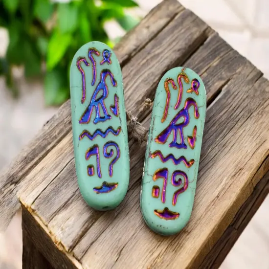 *6* 25x10mm Matte Turquoise Rainbow Metallic Egyptian Cartouche Oval Beads {3}