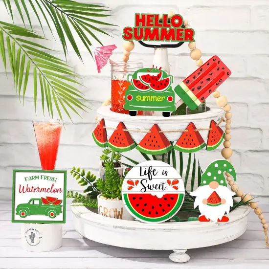 11 Pieces Summer Hawaii Tabletop Decor Set Summer Wood Sign Beach Sunshine Tiered Tray Decorations for Beach Home Table Shelf(Watermelon Style) {2}