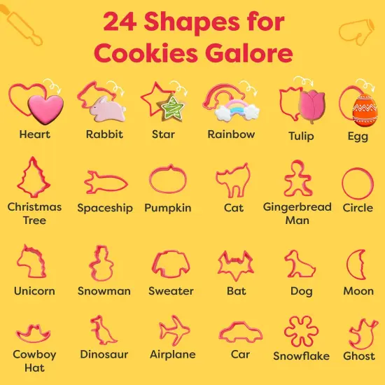 Baketivity Cookie Cutter Set For Kids, 24 Assorted Cookie Cutters of Basic Shapes, Seasonal, and Holiday Themes - With Rolling Pin, Silicone Baking Pan, and Non-Stick Baking Mat - BPA-Free - Ages 4+ {4}