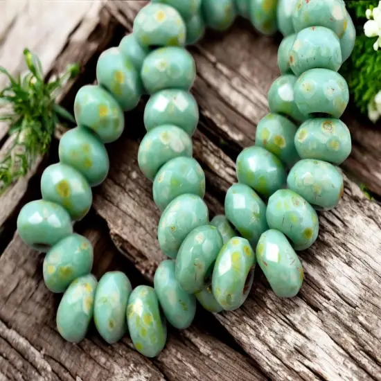 *25* 5x8mm Green Turquoise Picasso Faceted Large Hole Rondelle Roller Beads {4}