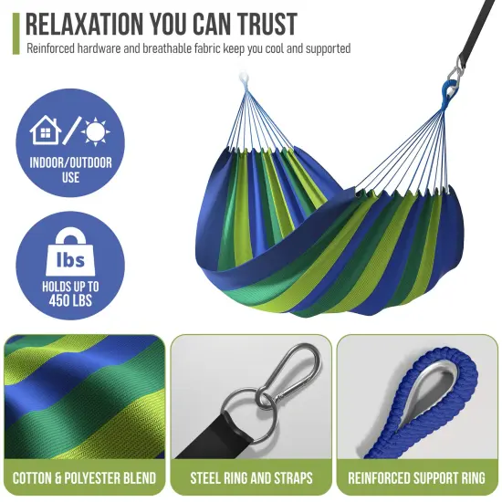 Sorbus Double Hammock With Steel Stand - Portable Carrying Case Blue Stripes {5}