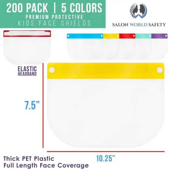 Salon World Safety 200 Kids Face Shields (20 Packs of 10) - 5 Colors, 40 of Each - Clear Protective Children's Full Face Shields, Anti-Fog PET Plastic {2}