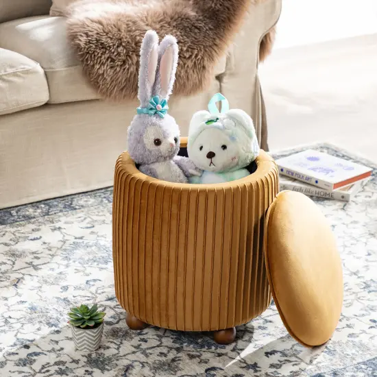 Modern Dusty Pleated Velvet Upholstered Storage Ottoman or Accent Stool with Rubberwood Ball Feet Brown {5}