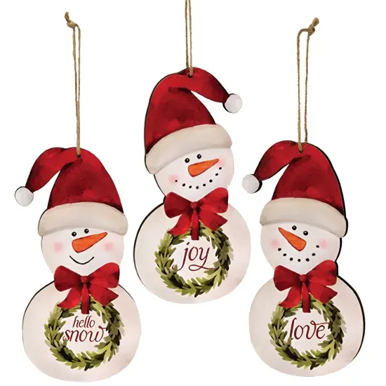 3 Asstd. Snowman with Wreath Ornament Decorative Wood Holiday Decor {1}