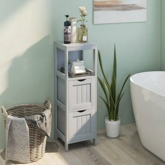 Modern Freestanding 2-Drawer Bathroom Floor Cabinet with Open Storage Shelf and Foot Pads Grey {4}