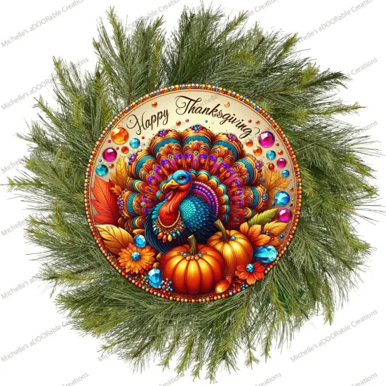 Happy Thanksgiving Jewel Turkey Round Sign {3}