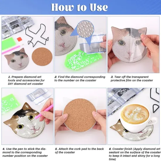 8 Pieces Diamond Painting Coasters Kit with Holder(Cat Style) {4}
