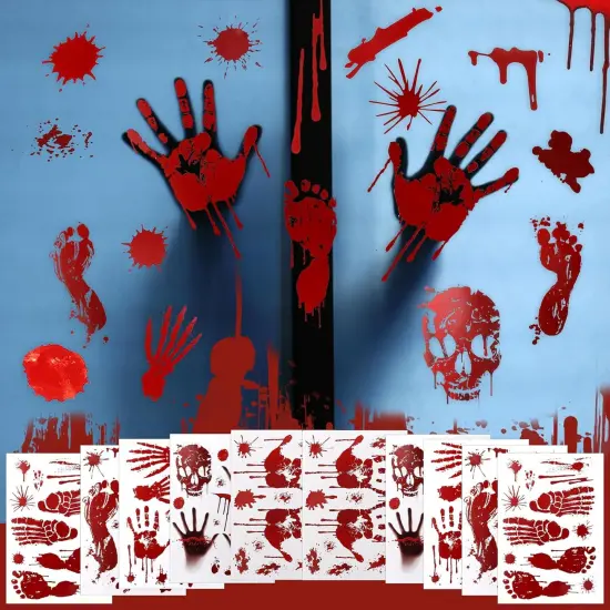 12 Sheets - Halloween Bloody Handprint Footprint Horrible Window Stickers {2}