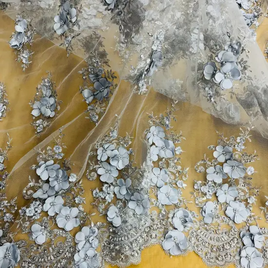 1 Yard Navy Beaded 3D Floral Embroidered Lace Fabric on 100% Polyester Mesh, 54" Width Silver {3}