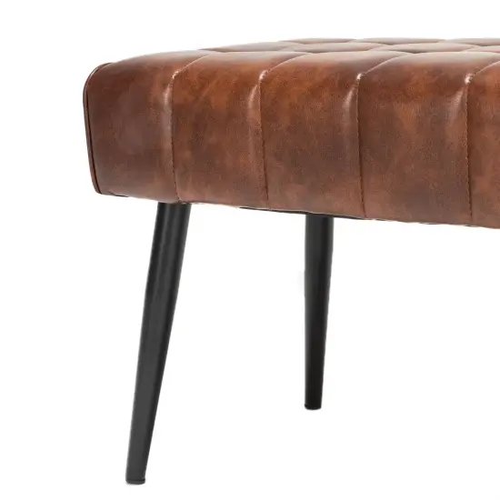 Modern Bedroom Bench with Tufted PU Leather Seat and Tapered Metal Legs for 3 Seating Brown {4}
