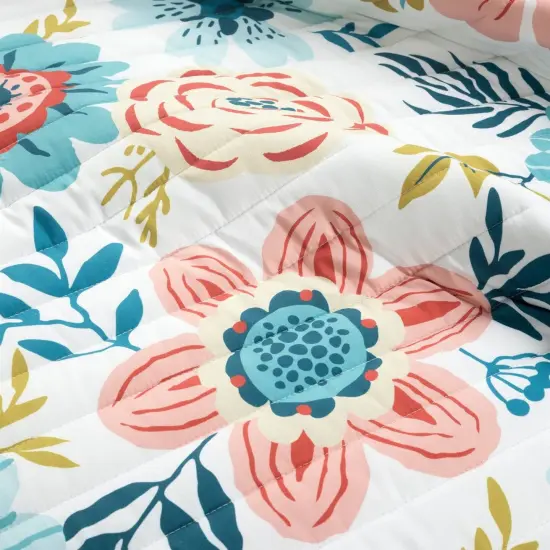Teal Blue Pink White Polyester 3-Piece Reversible Floral Quilt Set {3}