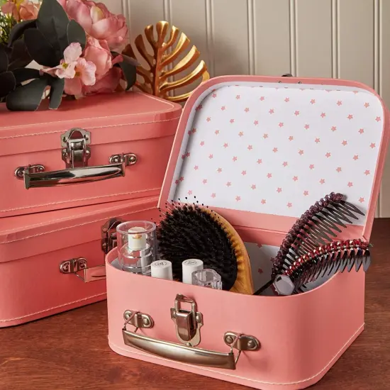 Set of 3 Different Sizes of Paperboard Suitcases with Metal Handles, Decorative Cardboard Storage Boxes (Pink) {3}