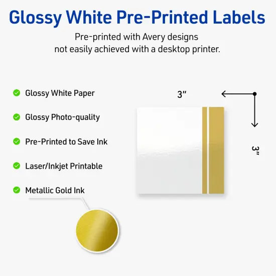 Avery Printable Square Labels, Gold Double-Dipped Edge, 3" x 3", Glossy White Square Labels, Permanent, Laser/Inkjet, 60ct, Great for Product Labels {2}