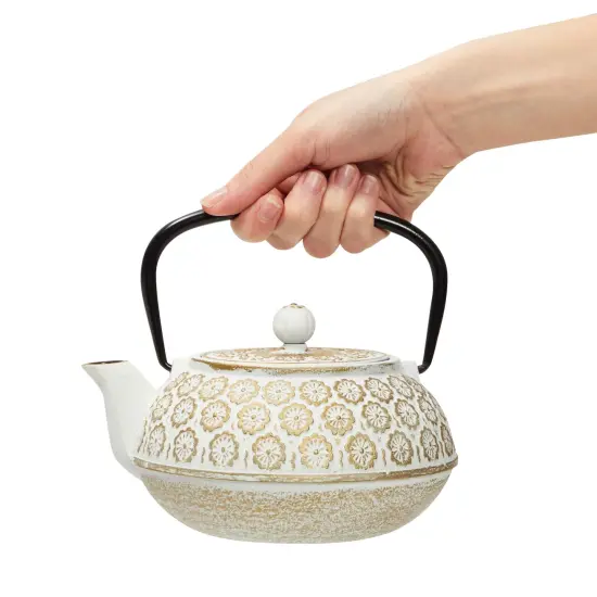 White Floral Cast Iron Teapot Kettle with Stainless Steel Loose Leaf Infuser (34 oz) {4}