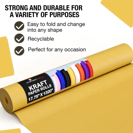 Kraft Paper Roll 17.75" X 1320" (110' Ft) Colored Paper Roll - Packing Paper Roll - Craft Supplies - Kraft Wrapping Paper Perfect as Shipping Paper Craft Paper Roll by Crown Display Yellow {3}