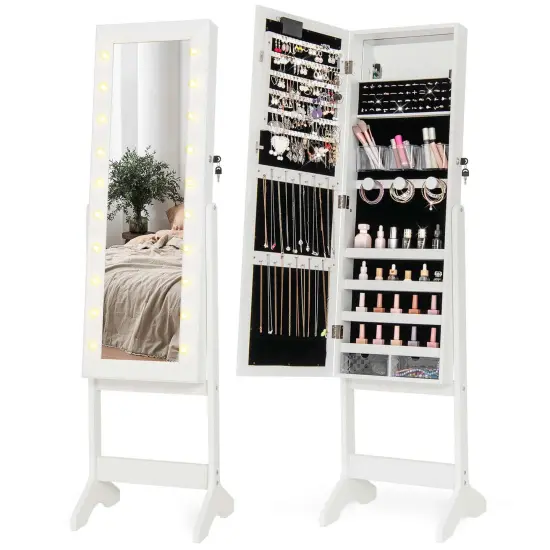 Costway LED Mirror Jewelry Cabinet with 20 LED Lights Full-Length Mirror Adjustable Angles White/Brown/Black {7}