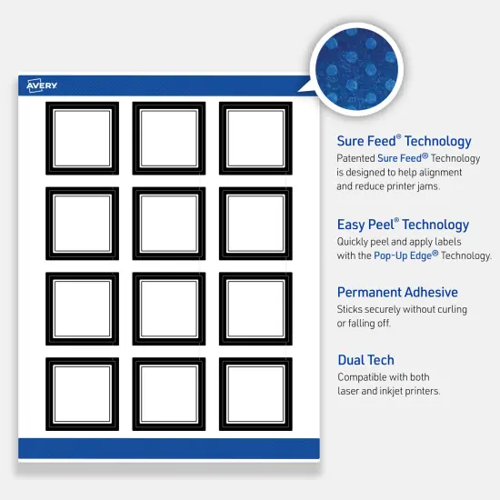 Avery Printable Square Labels, Double Black Border, 2" x 2", Matte White Square Labels, Permanent, Laser/Inkjet, 120ct, Great for Product Labels {3}