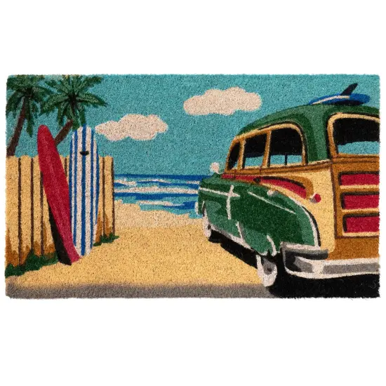 Northlight Retro Car on Beach Rectangular Coir Door Mat 18" x 30" Blue {3}