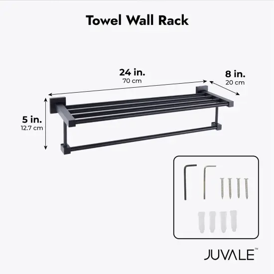 Matte Black Towel Shelf with Bar, 24 Inch Wall Mounted Rack for Bathroom {4}