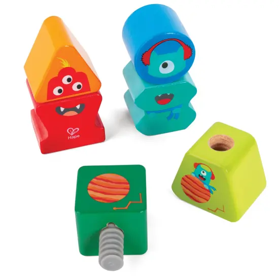 Hape: Building Block Monster Buddies - 3 Colorful Wooden Block Monster Characters, Match Head & Body Pieces, Twist-On Pieces, Toddlers & Kids Ages 2+ {5}