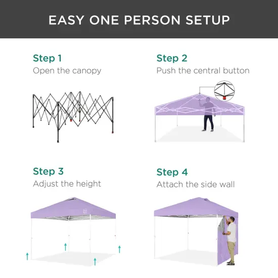 Best Choice Products 10x10ft Easy Setup Pop Up Canopy, Portable Tent w/ Side Wall, 1-Button Push, Case Lilac/White {4}