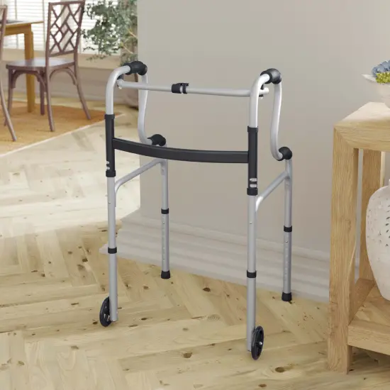 Emma and Oliver Ramsey Bi-Level Foldable Walker with Height Adjustable, Lightweight, Dual-Type Frame and Interchangeable Front Wheels or Rubber-Gripped Feet Black and Gray {1}