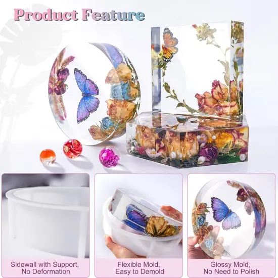LET'S RESIN Upgrade Epoxy Resin Molds,Large Resin Molds for Flowers Preservation,Glossy Deep Hexagon Square Round Silicone Molds for Resin Casting,Resin Epoxy, DIY Gift, Bookend, Home Decor {4}
