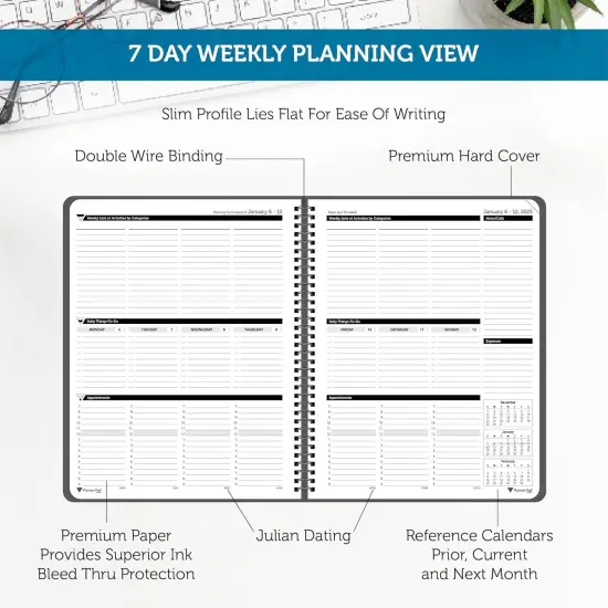 Planner Pad Spiral Bound January-December 2025/ Calendar Year 8 1/2" x 11" Large 3-Tier Funnel Down 12 Month Organizer, Black Cover/Black Ink {3}