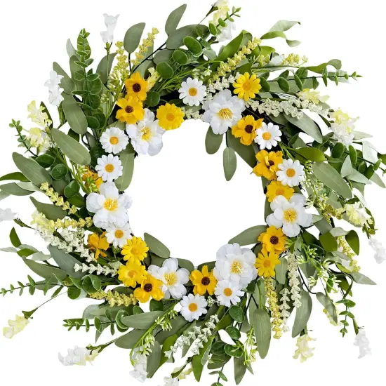 Artificial Spring Wreath 22 Inch Spring Wreaths for Front Door Summer Wreath with White Yellow Daisy {1}