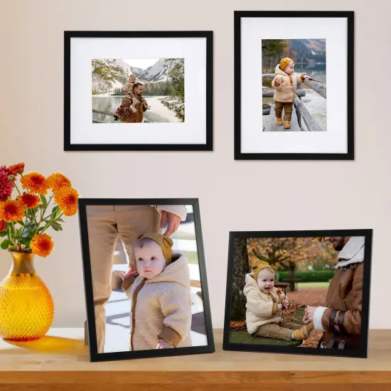 8x10 Black Picture Frame Set of 10, Bulk Collage Frames for Photos 5x7 with Mat or 8x10 without Mat, Table Top and Wall Mounting Decor {6}