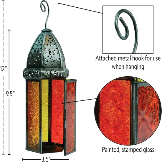 In the Breeze 9214 &mdash; Orange & Yellow Large Hex Tealight Lantern &mdash; Moroccan-Style Boho Chic Tealight Glass and Metal Tabletop Lantern {5}