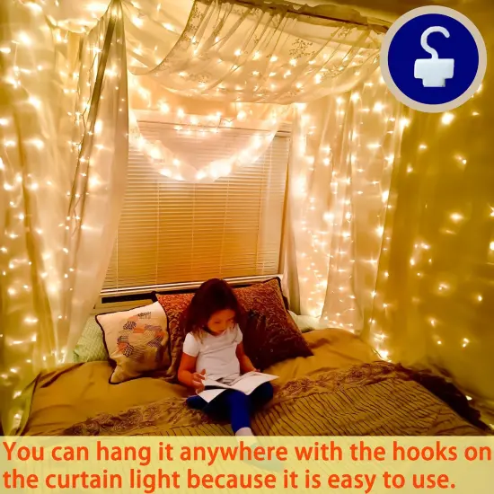 Eueasy 300 LED Curtain Lights, 9.8ft x 9.8ft Fairy Lights with 8 Modes, String Hanging Lights, Remote Control, Perfect for Indoor/Outdoor Christmas, Wedding, Party Wall Decorations (Warm White) {6}