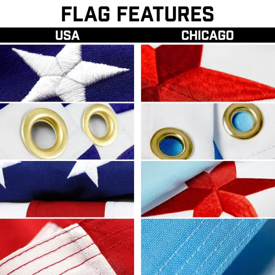 G128 Combo Pack: 25 Ft Telescoping Aluminum Flagpole (Silver) & American and Chicago Flags 3x5 Ft, Both StormFlyer Series Embroidered 220GSM Spun Polyester | Pole with Flags Included {3}