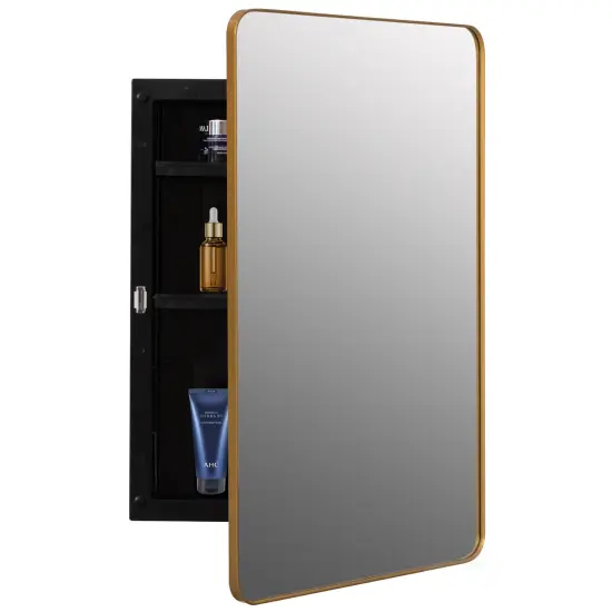 Basicwise Plastic Medicine Cabinet with Beveled Edge Mirror Door and Round Corner Metal Frame, Surface or Recessed Mount Options, Bathroom Wall Mounted Vanity Cabinet with 2 Adjustable Shelves Gold {8}