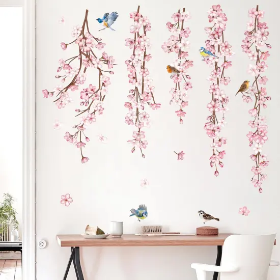 decalmile Cherry Blossom Flower Vine Wall Decals Hanging Floral Tree Branch Birds Wall Stickers Living Room Bedroom Office Wall Decor {6}