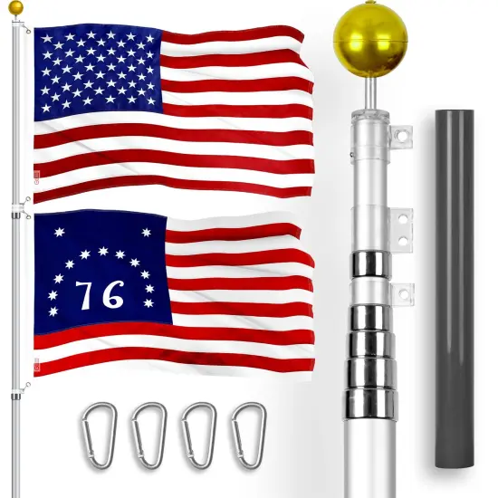 G128 Combo Pack: 20 Ft Telescoping Aluminum Flagpole (Silver) & American and Bennington Flags 3x5 Ft, Both ToughWeave Series Embroidered Polyester | Pole with Flags Included {1}