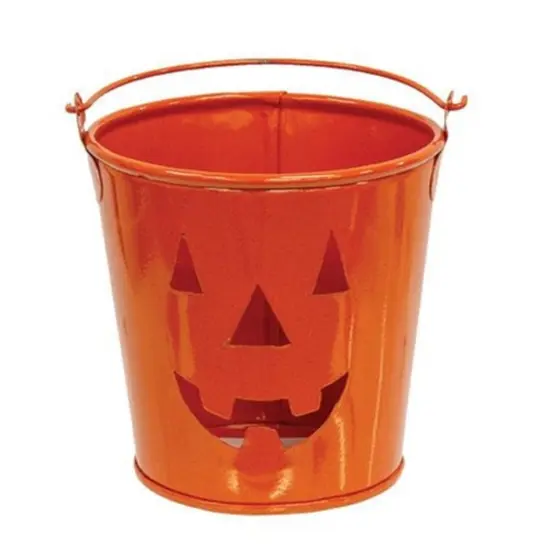 4&rdquo; Metal Pumpkin Bucket with Jack-O-Lantern Cutout Halloween Candle Holder or Candy Pail Orange {1}