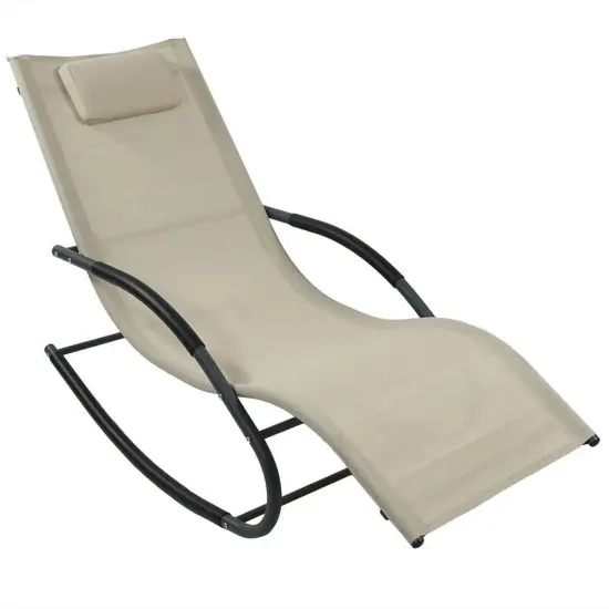 Beige Outdoor Weather-Resistant Rocking Chaise Lounge Chair with Pillow and Steel Frame {1}