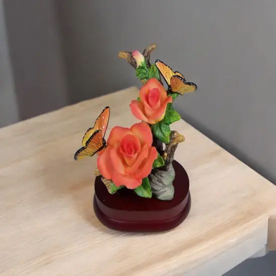 Ceramic Rose Flowers with Butterflies on Wooden Base Figurine, Home Decor, Gift for Her, Gift for Mom {2}