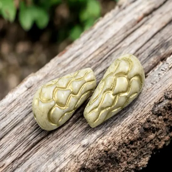 *6* 25x12mm Gold Washed Opaque Beige Mermaid Scale Large Drop Beads {4}