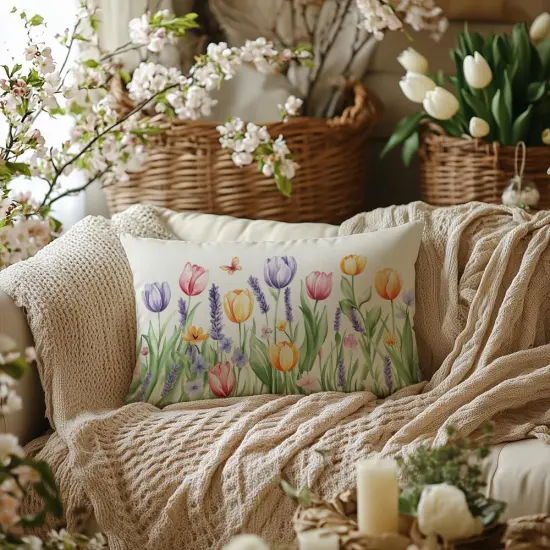 Spring Pillow Cover 12x20 Inch Tulip Butterfly Decoration Pillow Case Seasonal Decor for Home Sofa Couch AA700-12 {4}