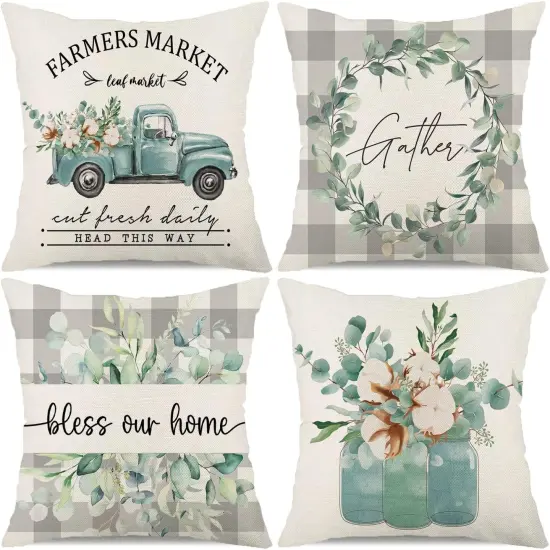 Buffalo Plaid Eucalyptus Leaves Pillow Covers 18x18 Set of 4 Spring Farmhouse Quotes Decorations Truck Vase Bless Our Home Linen Cushion Case Gifts for Home Decor {1}