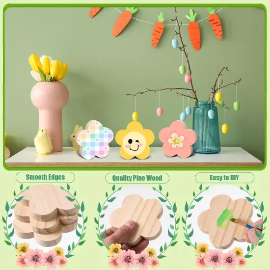 12 Pcs Spring Flower Wooden Cutouts Unfinished Flower Shaped Table Signs Wooden Flowers Blocks to Paint Blank Wooden Table Centerpieces for DIY Crafts Spring Home Shelf Tiered Tray {2}