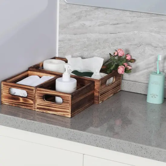 Wooden Crate Stackable Decorative Wood Crates set of 3 for Storage Display Rustic Nesting Box Basket Home Decoration Boxes Container Bin with Handles Farmhouse Decor,Solid Pine,L+M+S {3}